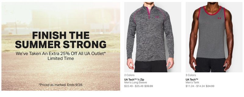 25% off Under Armour Outlet, plus free shipping on all order.
